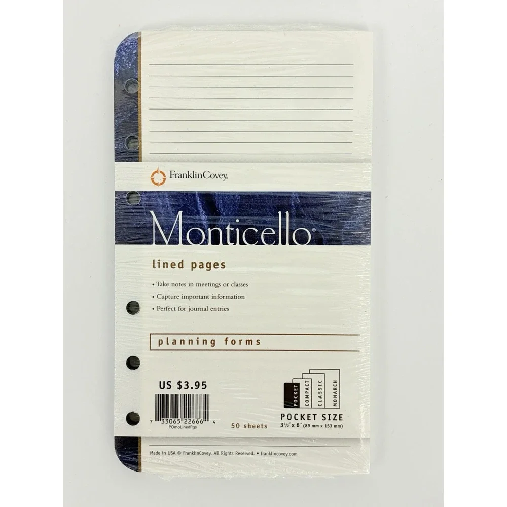 Franklin Covey Monticello Planning Forms Blank and Lined Pages Refills